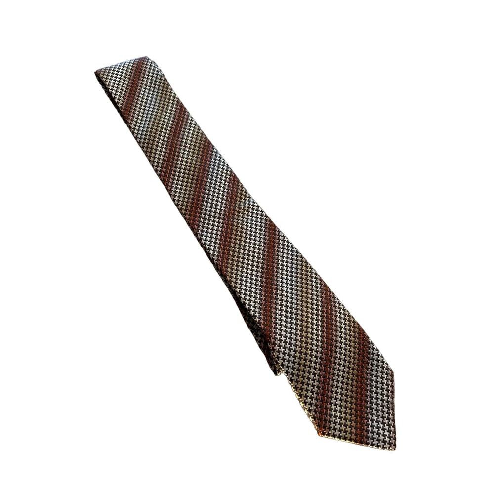 Missoni vintage 100% silk brown silver gold geometric checkered houndstooth tie